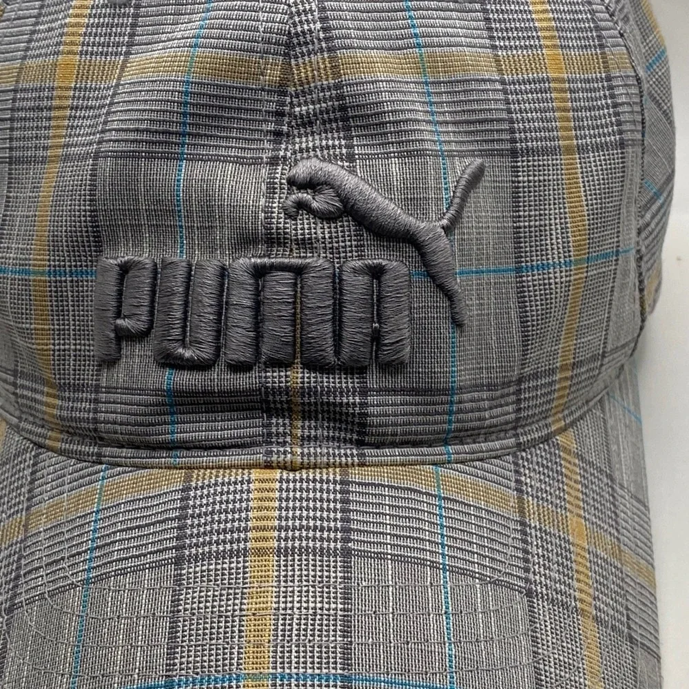 PUMA Plaid Adjustable Baseball Cap Hat Unisex Grey Yellow Blue 3D Logo Sport SEO